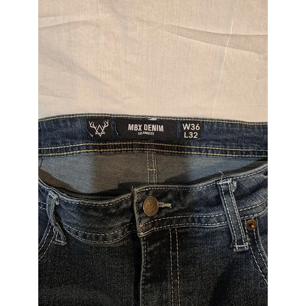 MBX Denim Jeans Dark Wash Whiskering Fading Straight Leg W36 L32